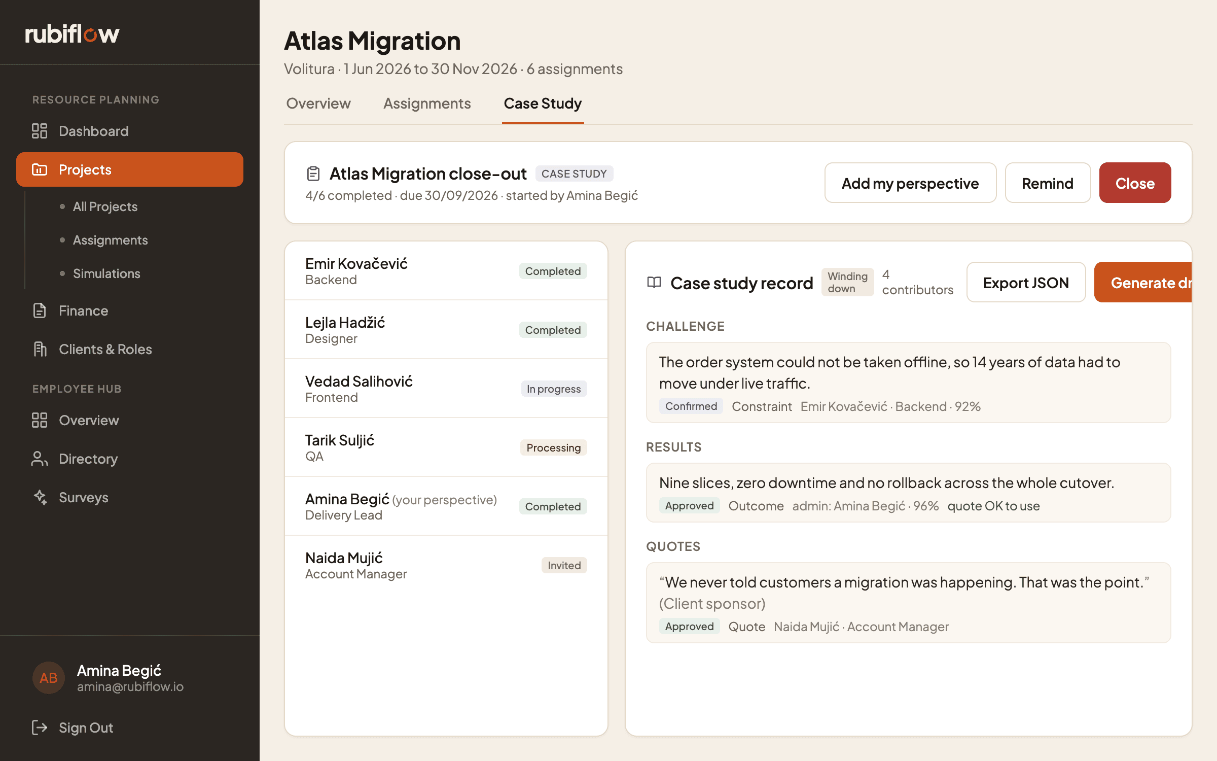 Project case study tab with contributors and captured challenge, results, and quotes